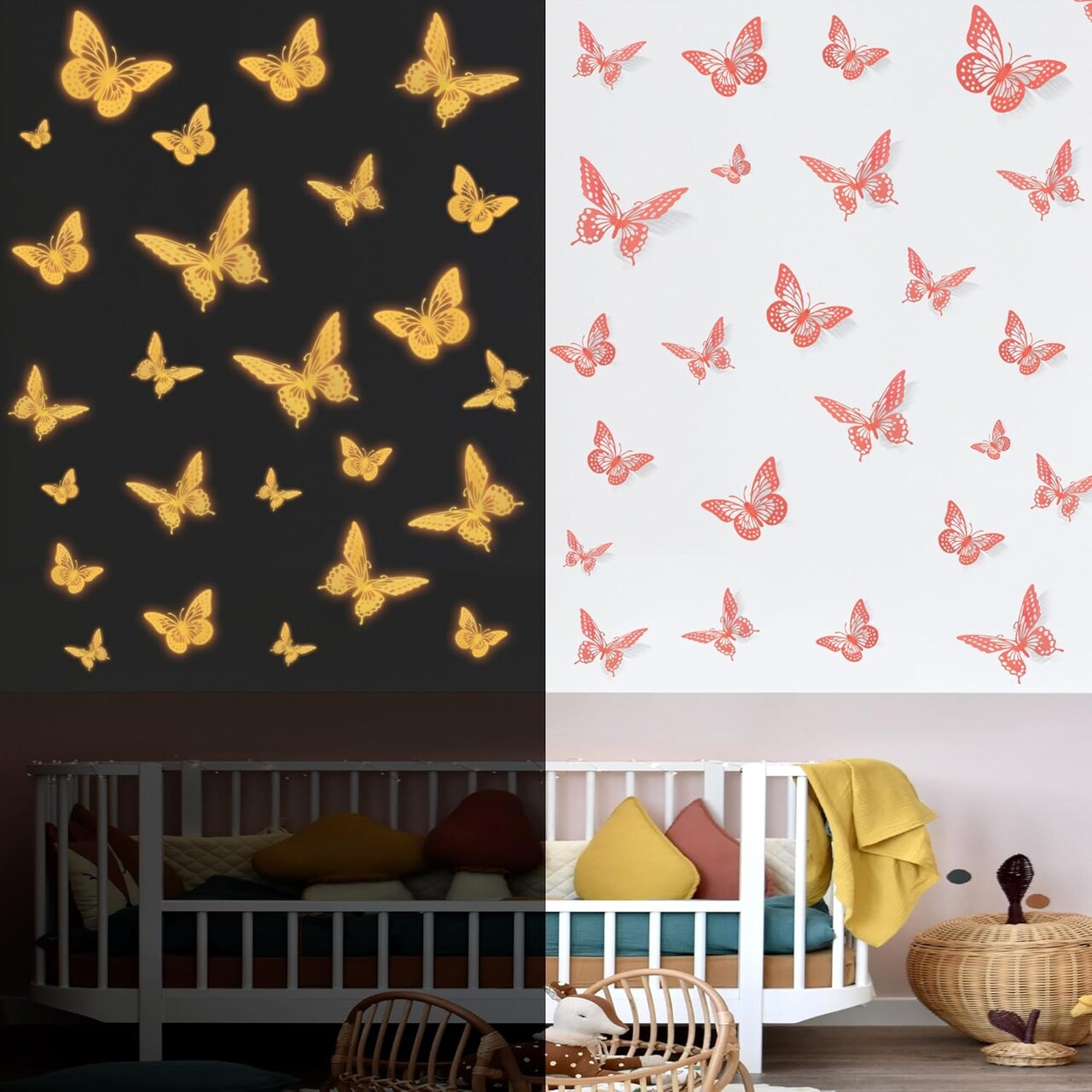 24pcs 3D Glow-in-the-Dark Butterfly Stickers – Removable Wall & Ceiling Decor for Kids’ Nursery
